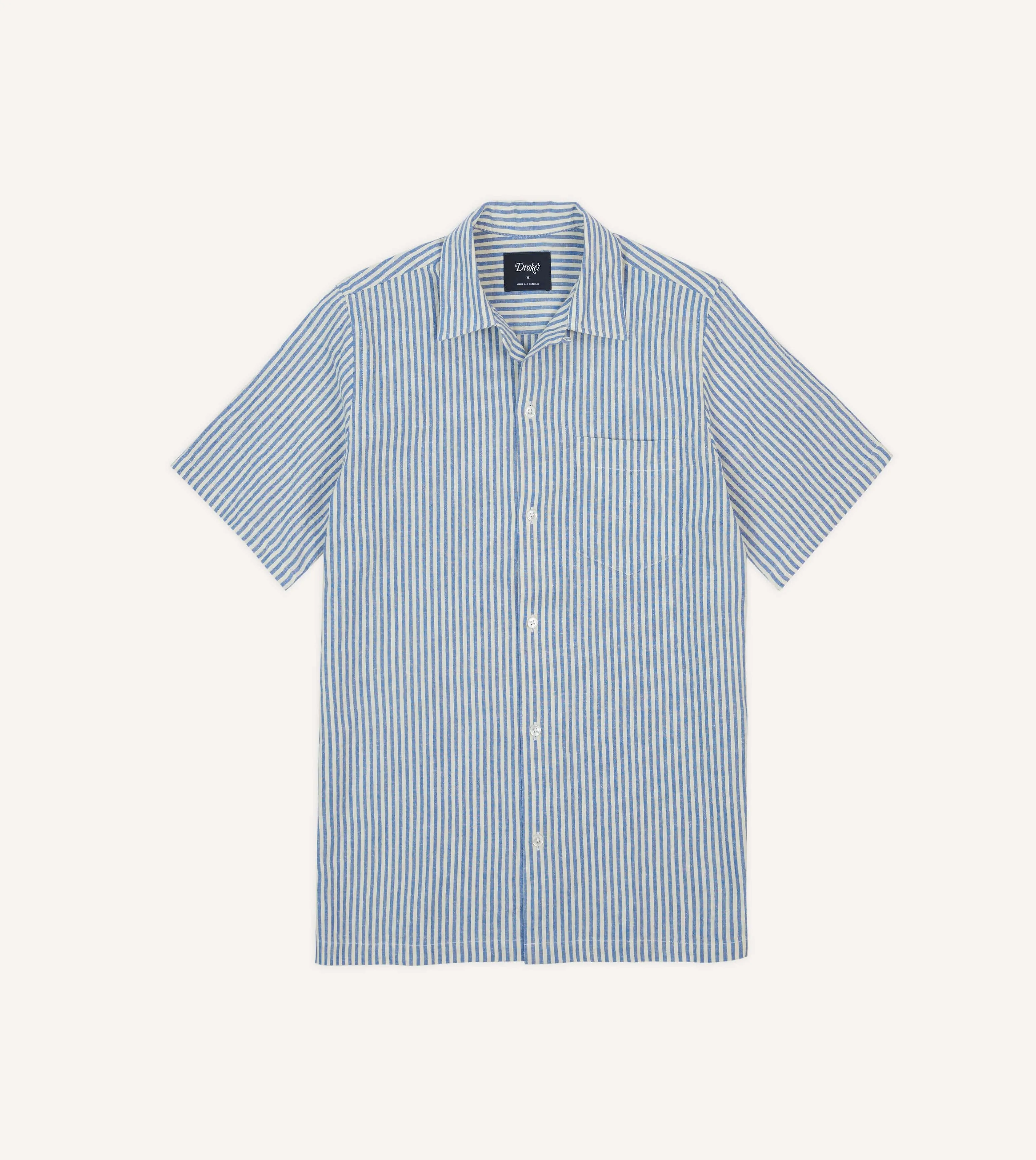 Blue and White Stripe Cotton-Linen Camp Collar Short Sleeve Shirt Quick Release Placket Flexible Knit