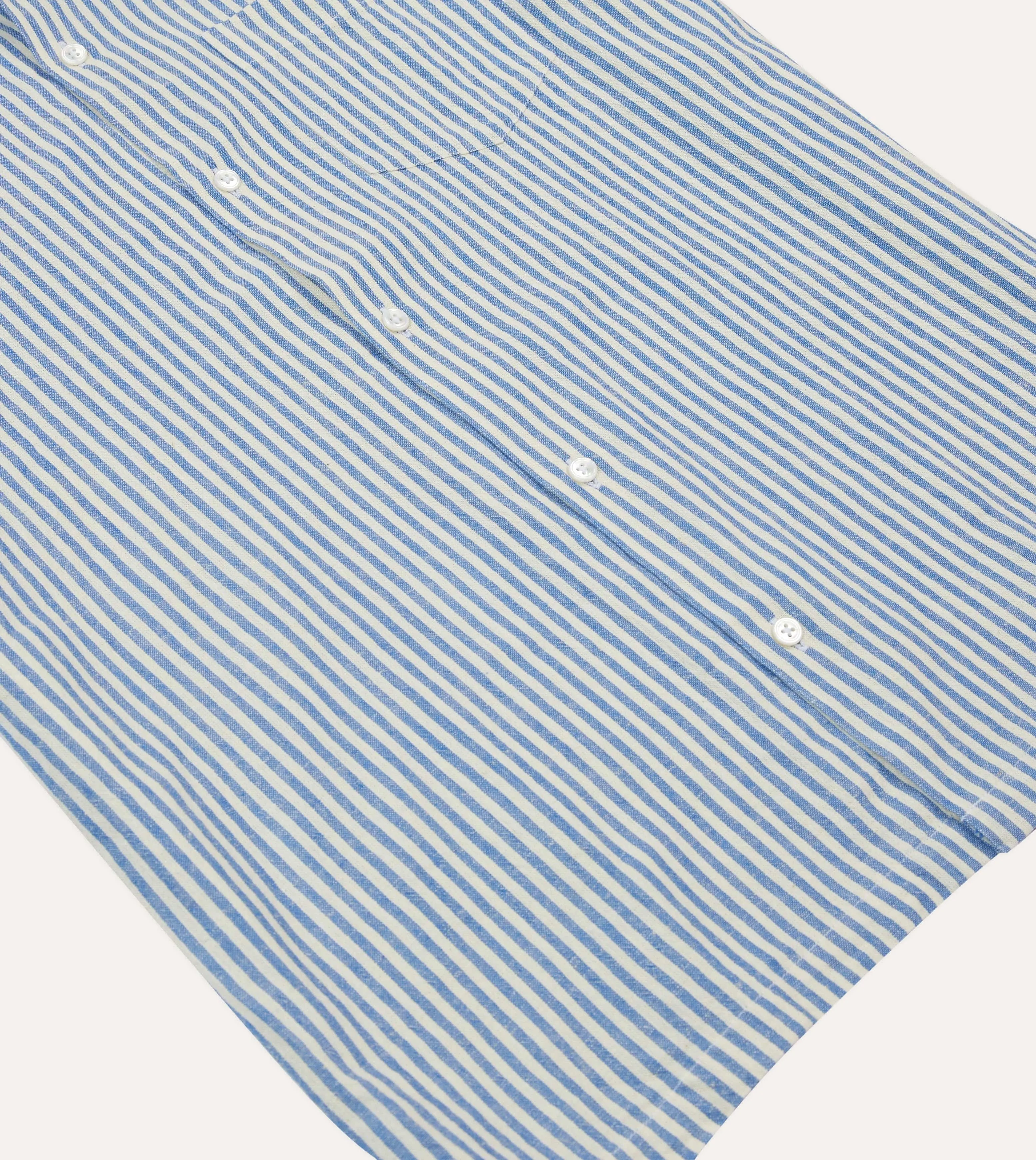 Urban Edge Earthy Palette Blue and White Stripe Cotton-Linen Camp Collar Short Sleeve Shirt