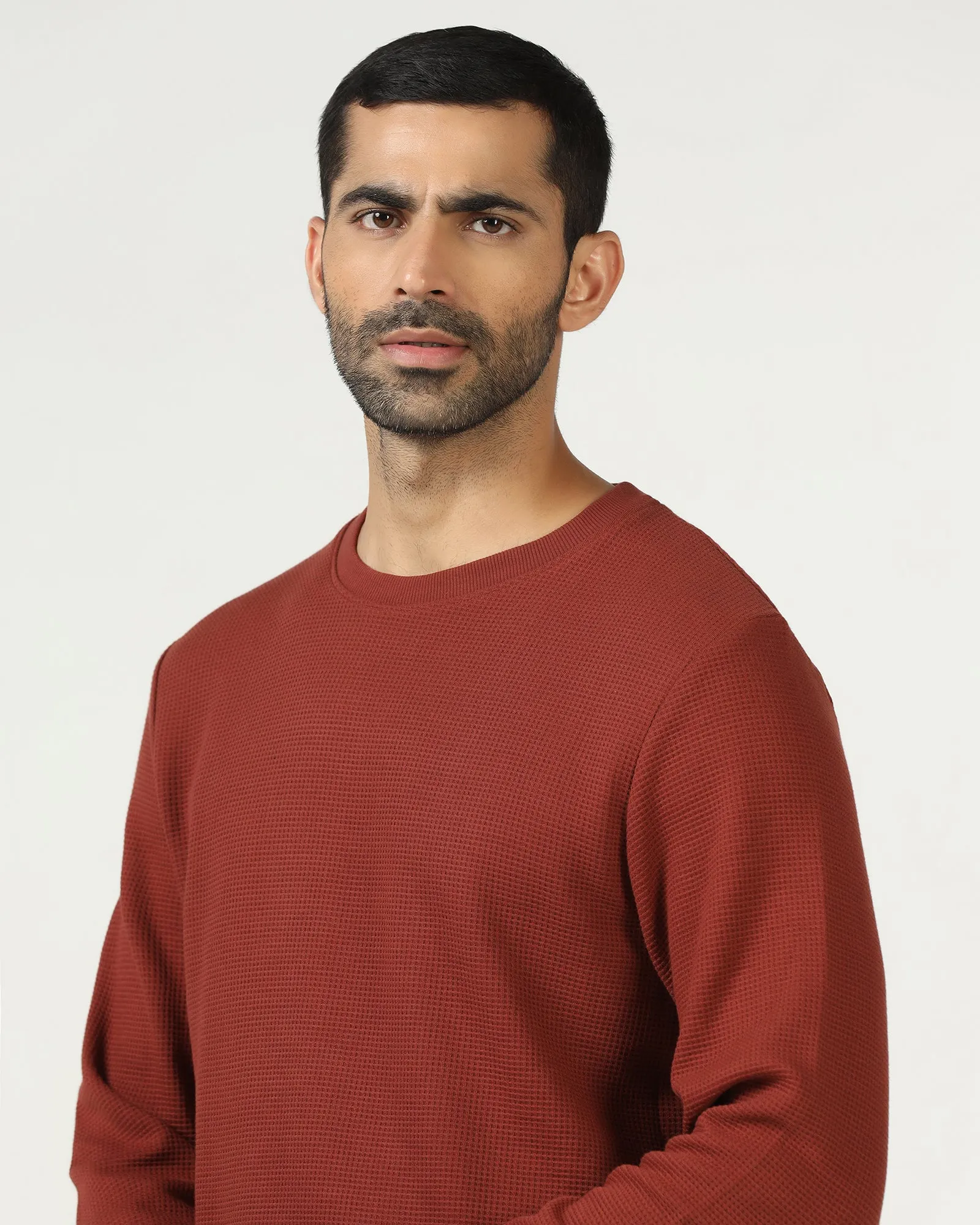 Rust Crew Neck Textured Sweatshirt - Pan Breathable Material