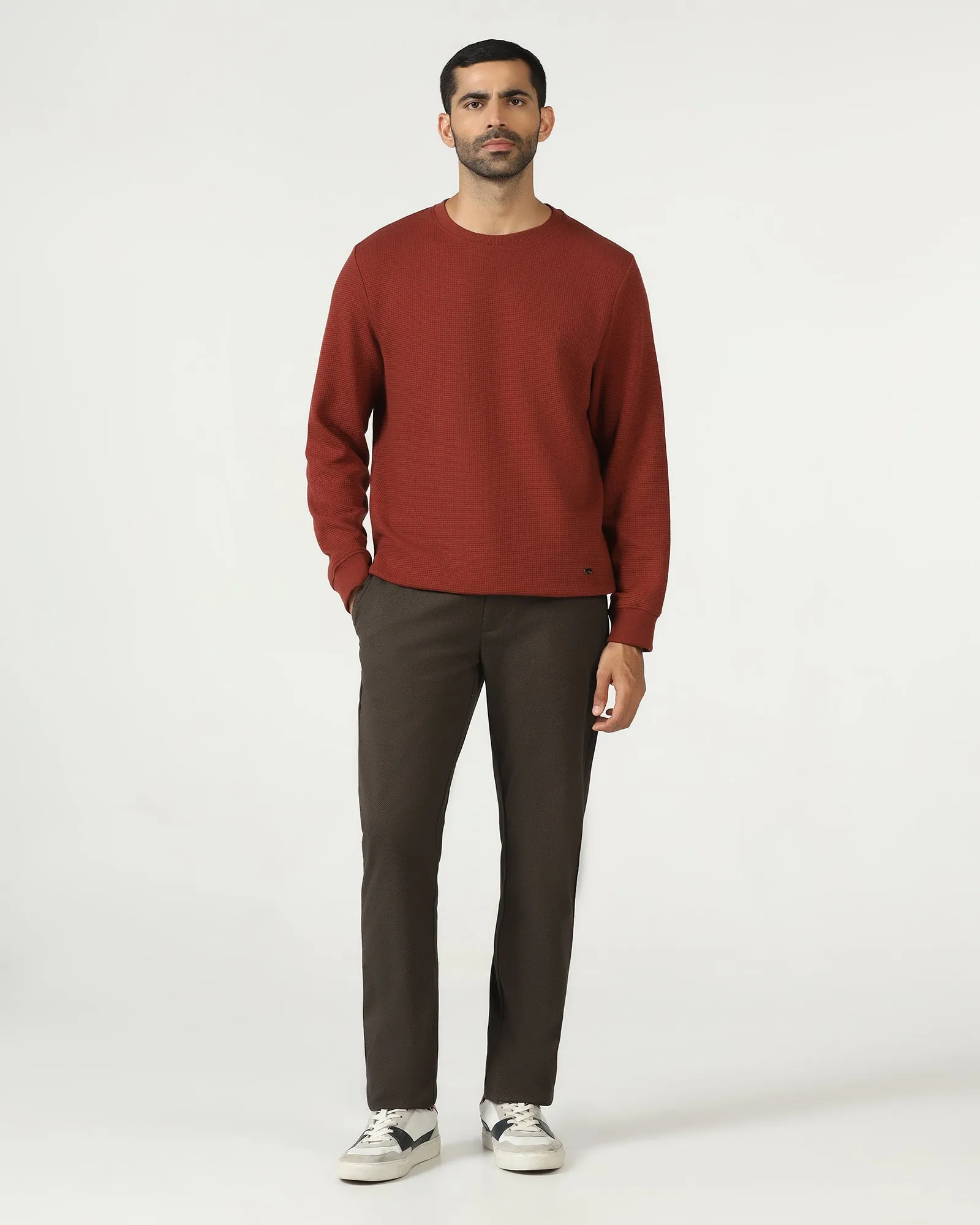 Rust Crew Neck Textured Sweatshirt - Pan Comfortable Style