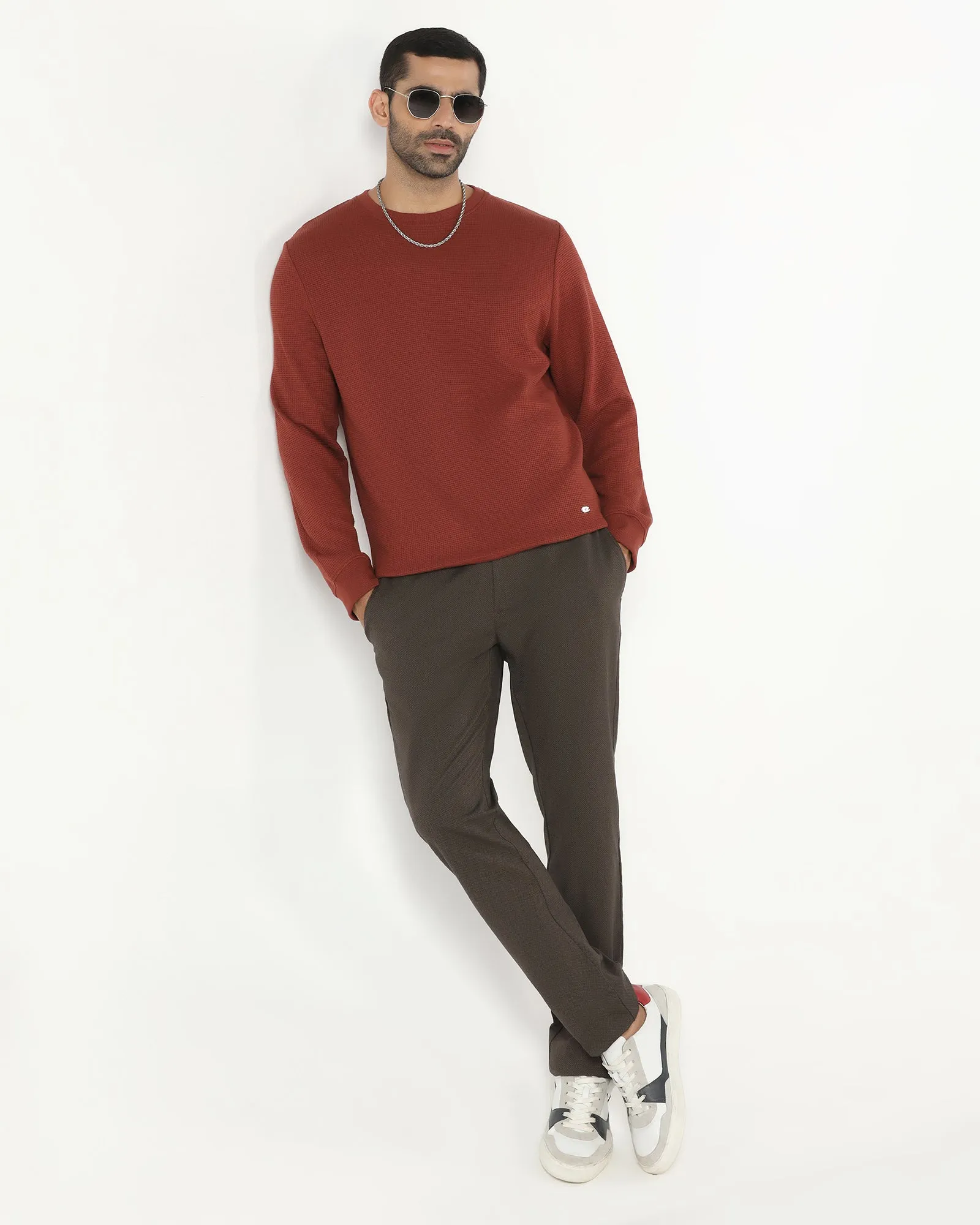 Organic Ease Recycled Fit Rust Crew Neck Textured Sweatshirt - Pan