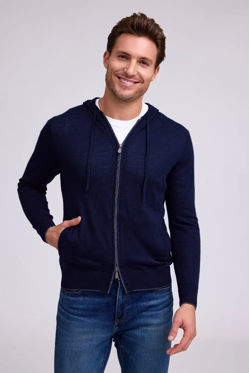 NonSlipTrim Merino Full Zip Hoodie - Navy