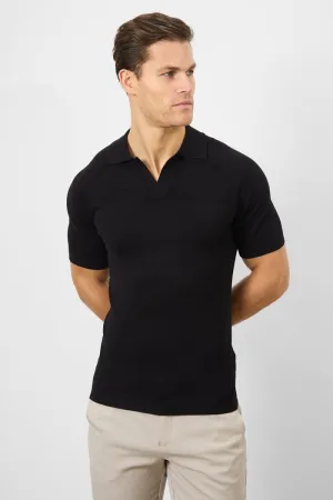 Breathable Textile Textured Open Collar Knitted Polo in Black