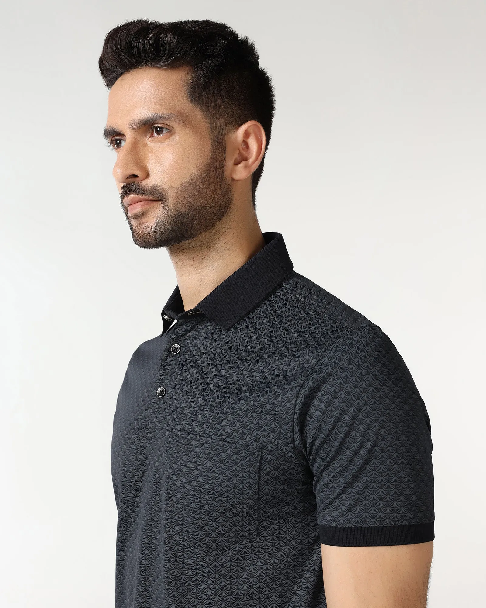 Charcoal Abstract Print Polo - Deco Luxe Comfort Essential Wear