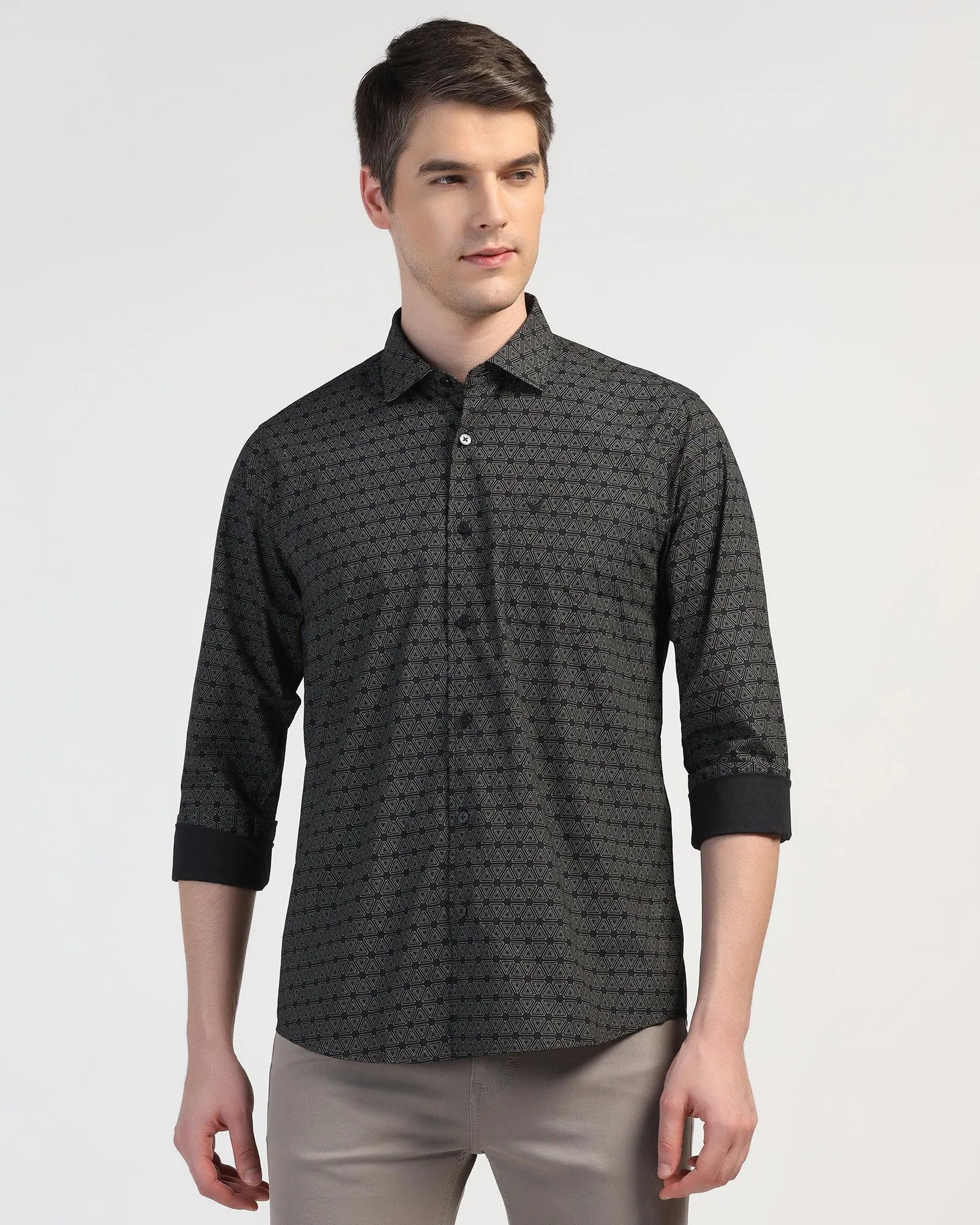 Ribbed Trim Casual Black Printed Shirt - Beth