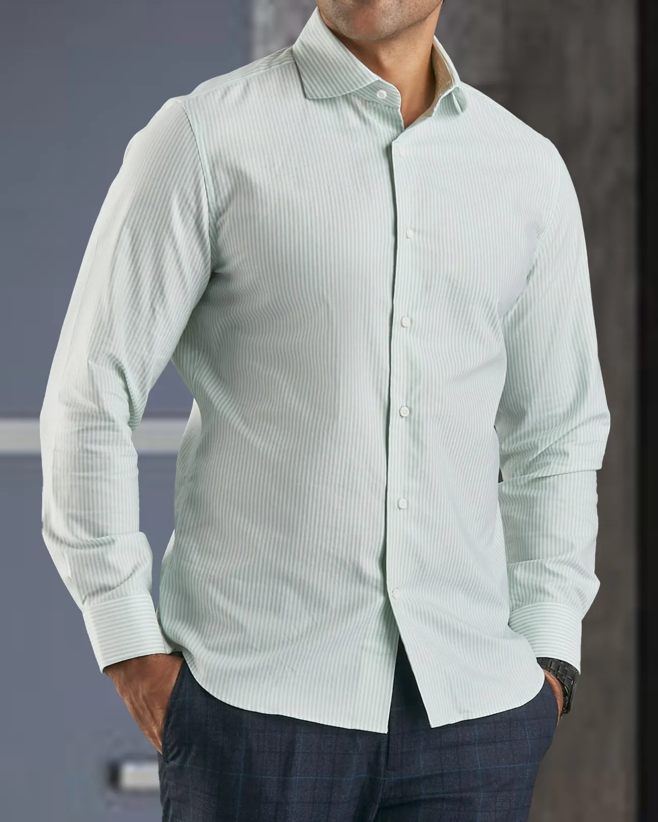 natural fiber Stretchable Material Classic Oxford: Light Green University Stripes Shirt