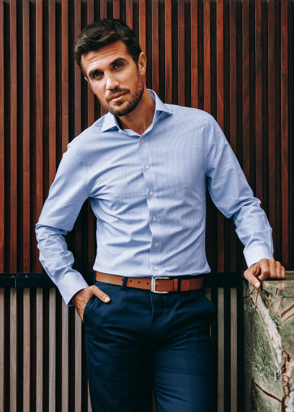 Greenwich Blue Check Shirt Laser Cut Edge Detail Neutral Tones
