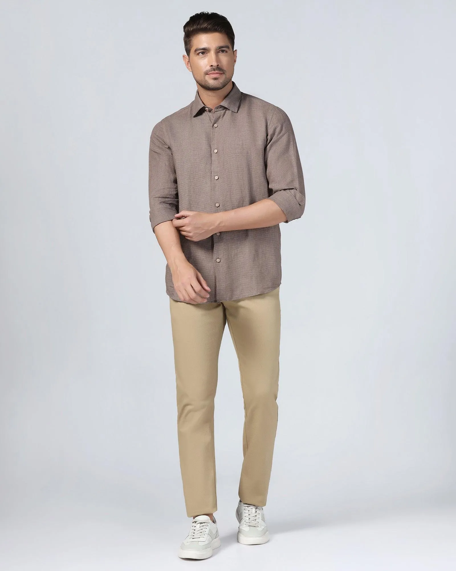 Linen Casual Brown Check Shirt - Connor Moisture Wicking Layer Youthful Vibe