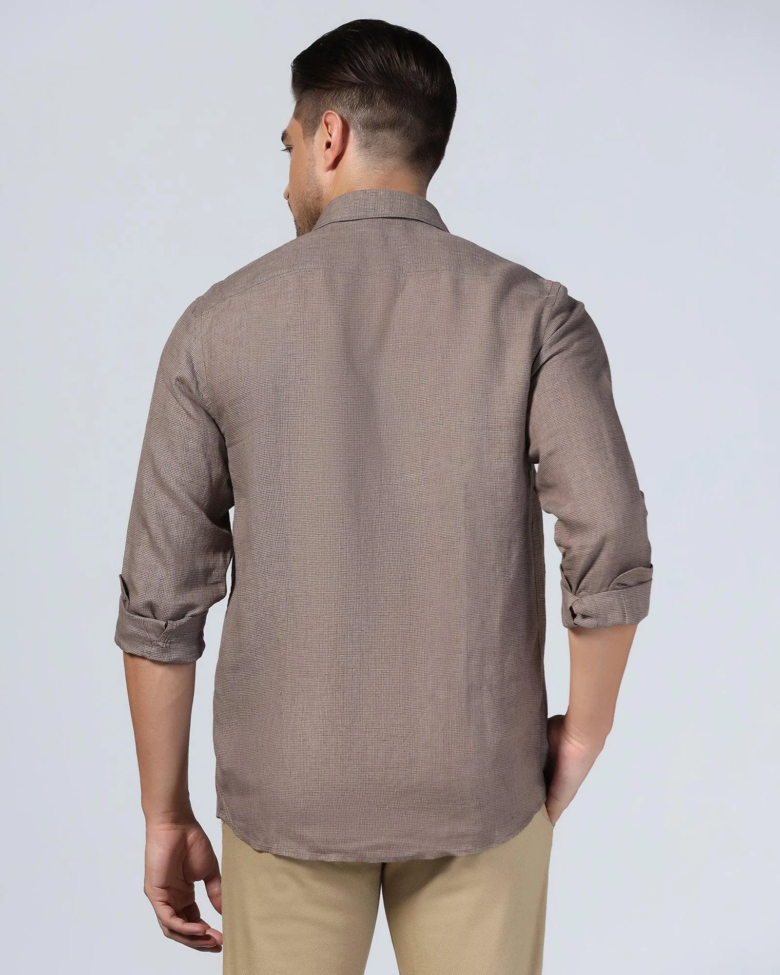Wrinkle Resistant Material Linen Casual Brown Check Shirt - Connor
