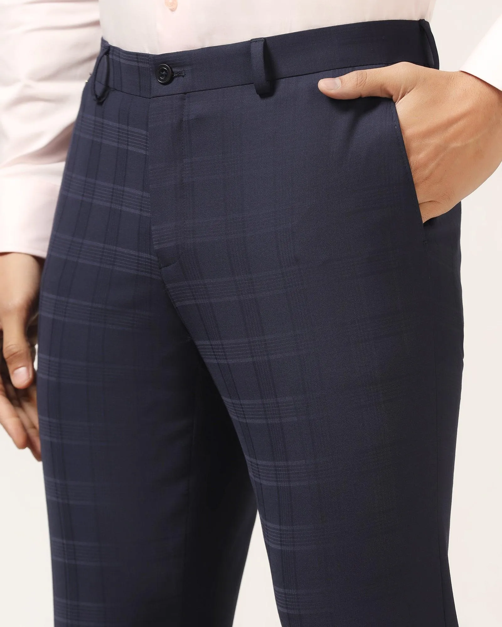 Luxe Slim Comfort B-95 Formal Navy Check Trouser - Porcupine breathable panels Soft and Stretchy