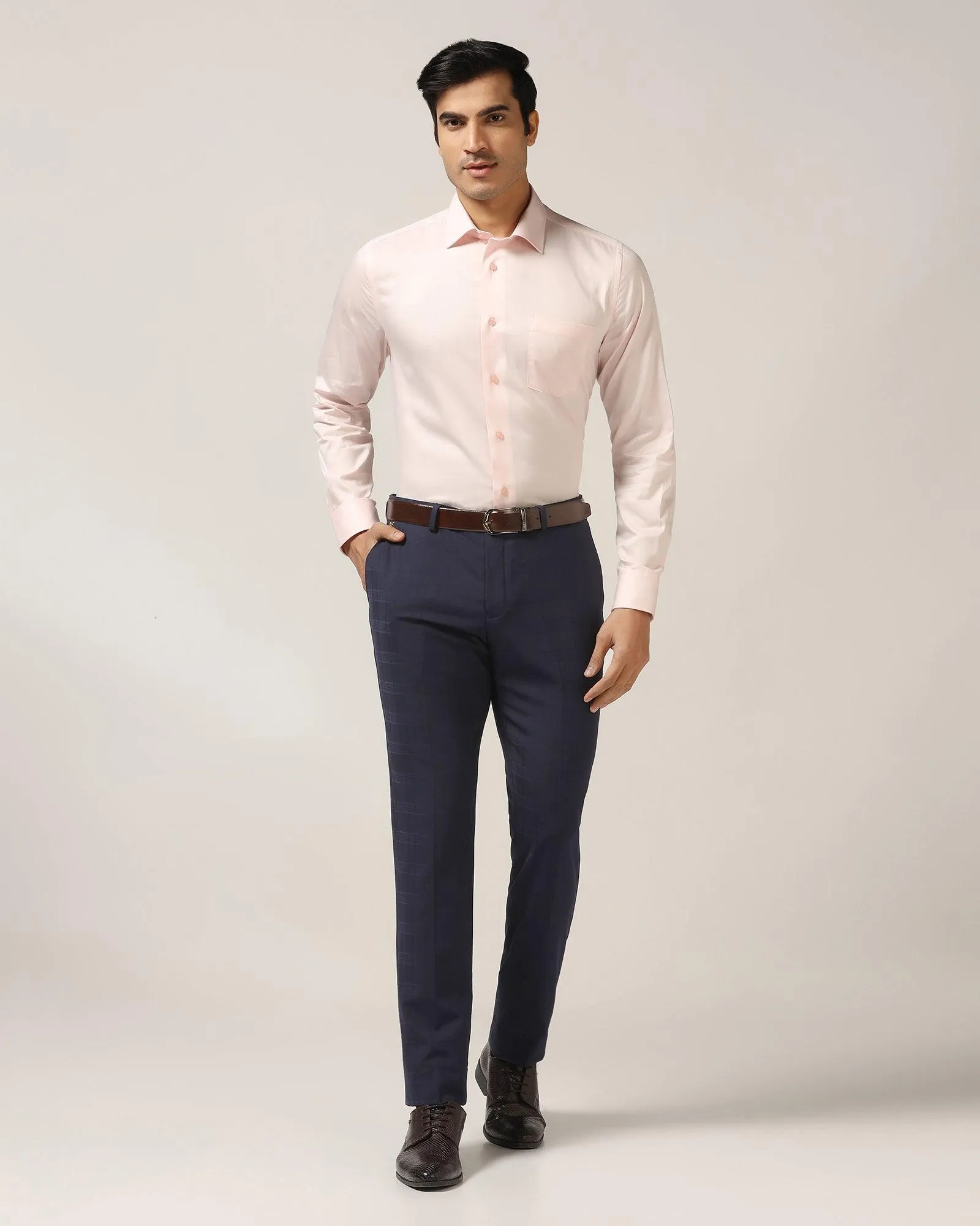 Move Freely Luxe Slim Comfort B-95 Formal Navy Check Trouser - Porcupine