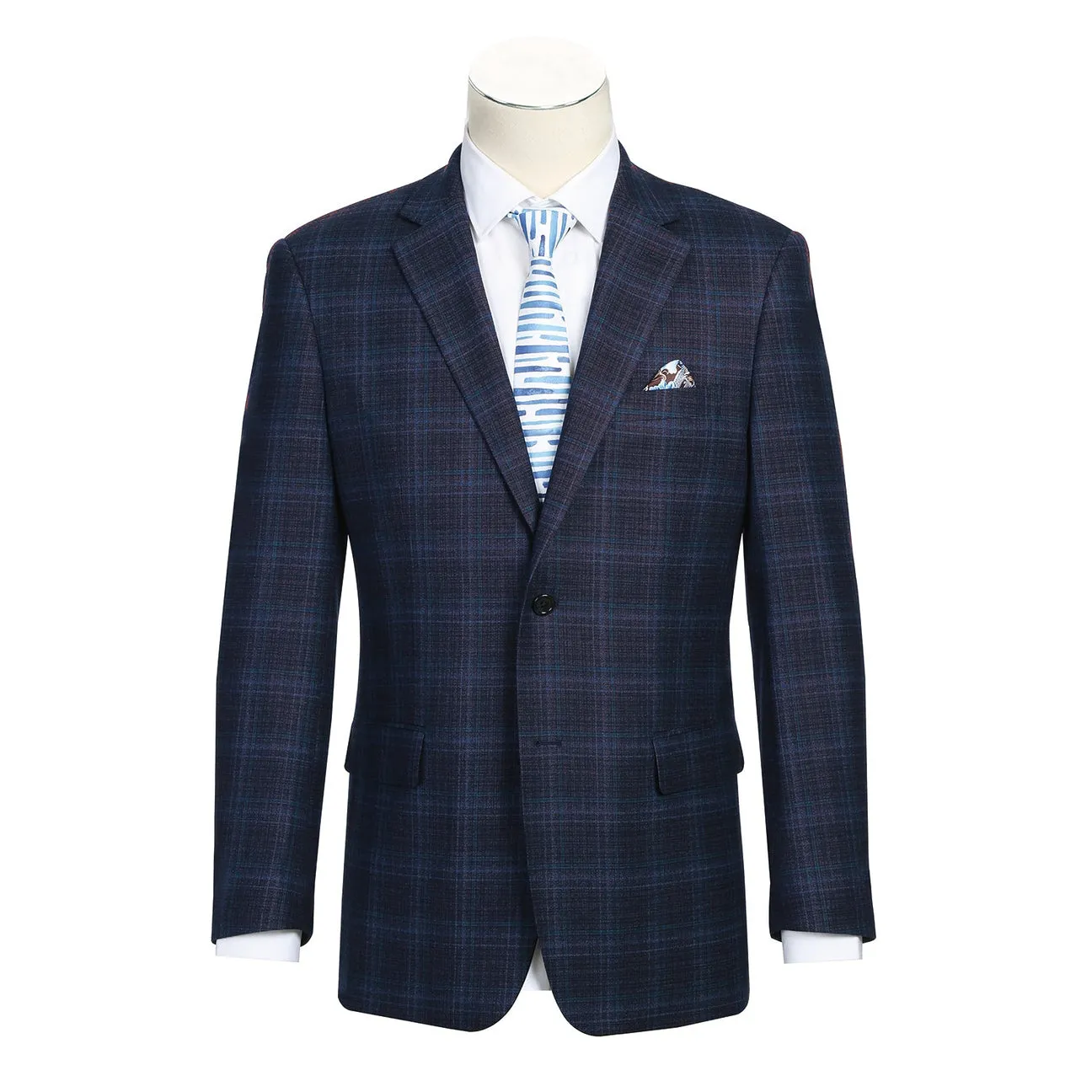 Layered Insulation AntiPillingFinish Alessandro Vitello by Renoir Wool Blend Stretch Checked Navy Blazer 561-15