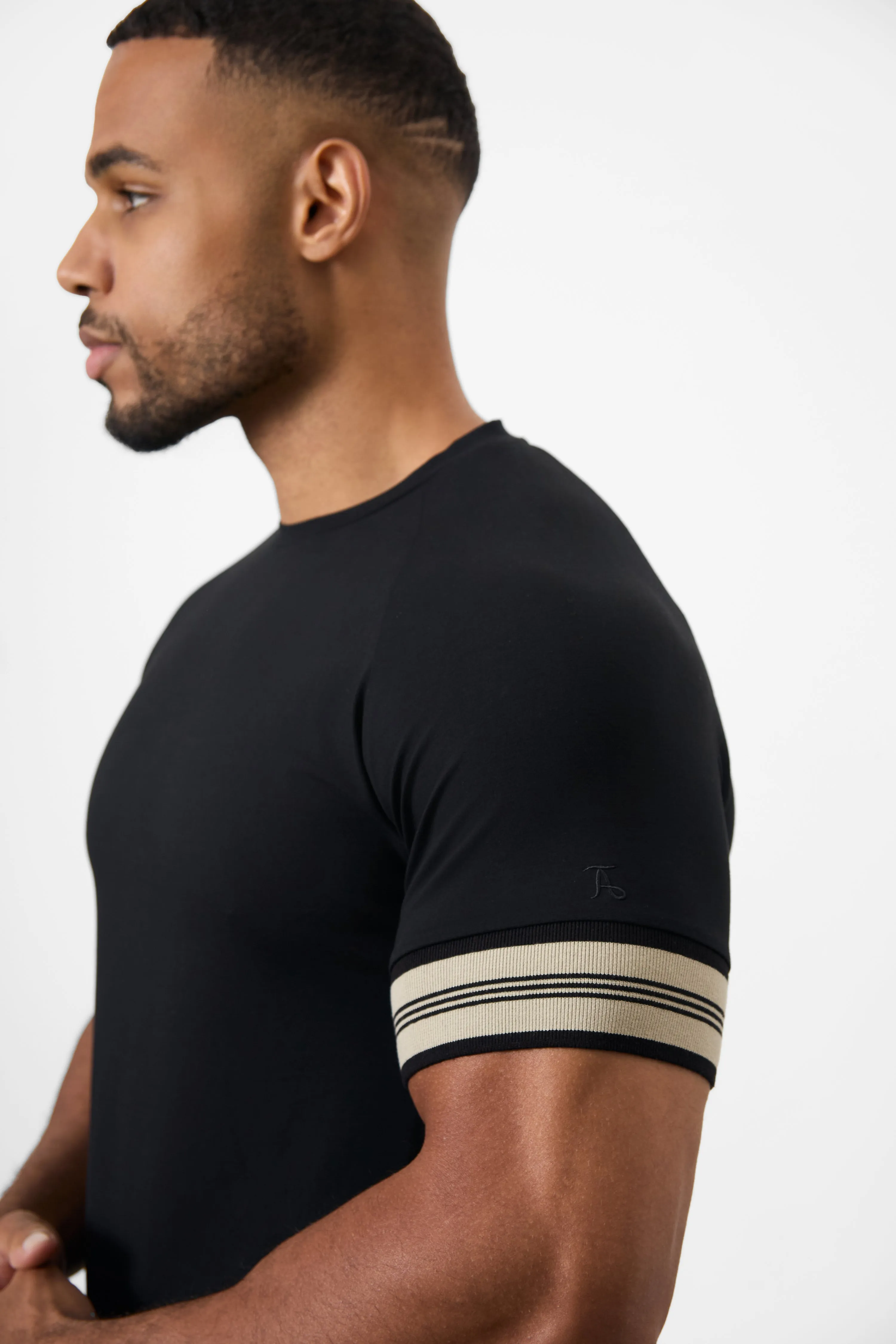 Layered Shoulder Design Tipped Fashion Fit T-Shirt in Black/Stone