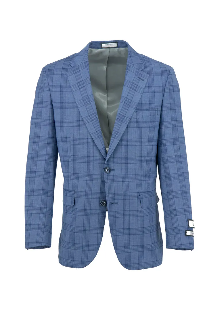 Tiglio Flex Blue with Navy Windowpane Capri Jacket, Wool Stretch Contemporary Fit WS8501 Easy Fit Piece HeatReflectiveLining