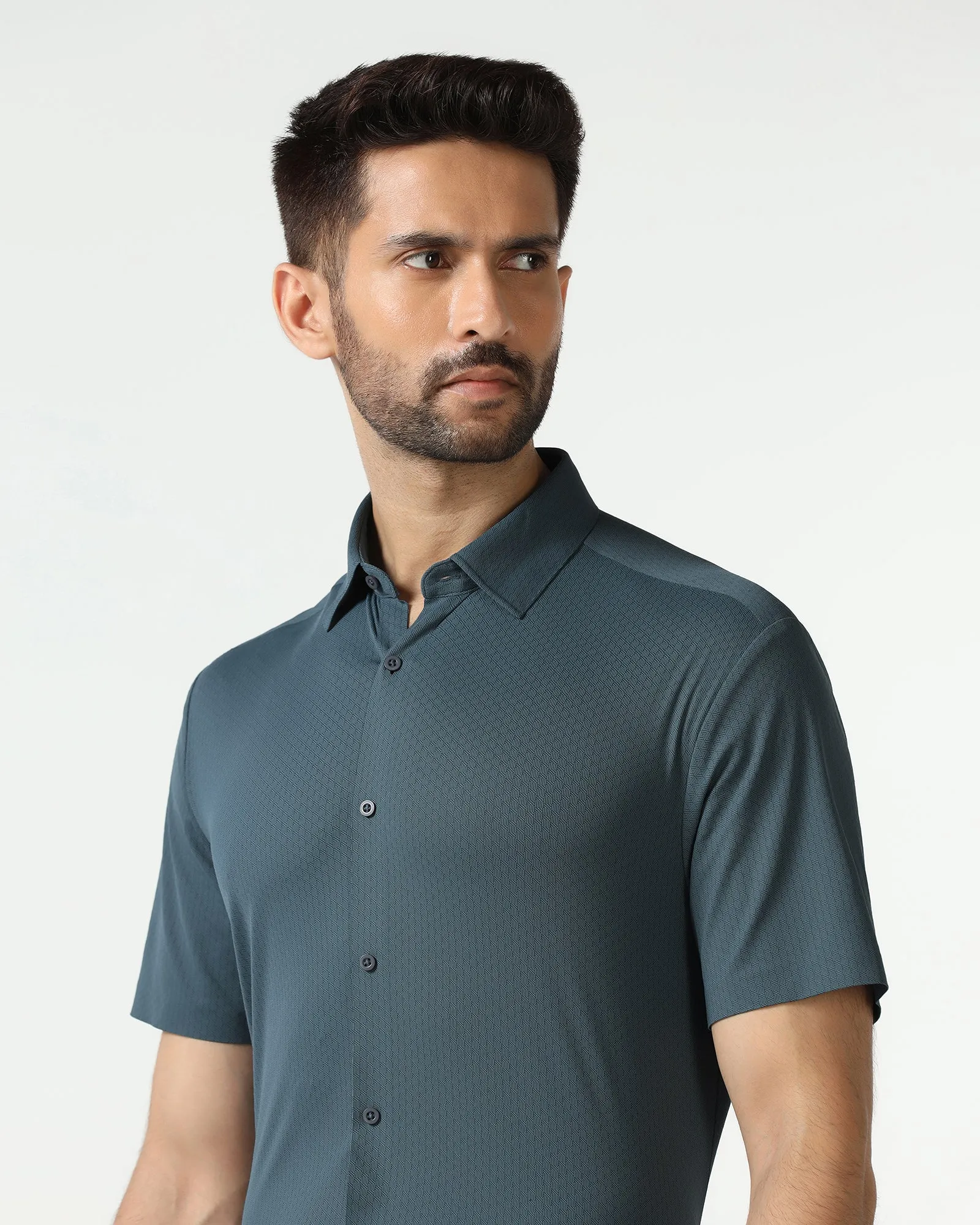 Petrol Blue Half Sleeve Techpro Textured Shirt - Hurton Flex Fit Collar Poolside Lounge