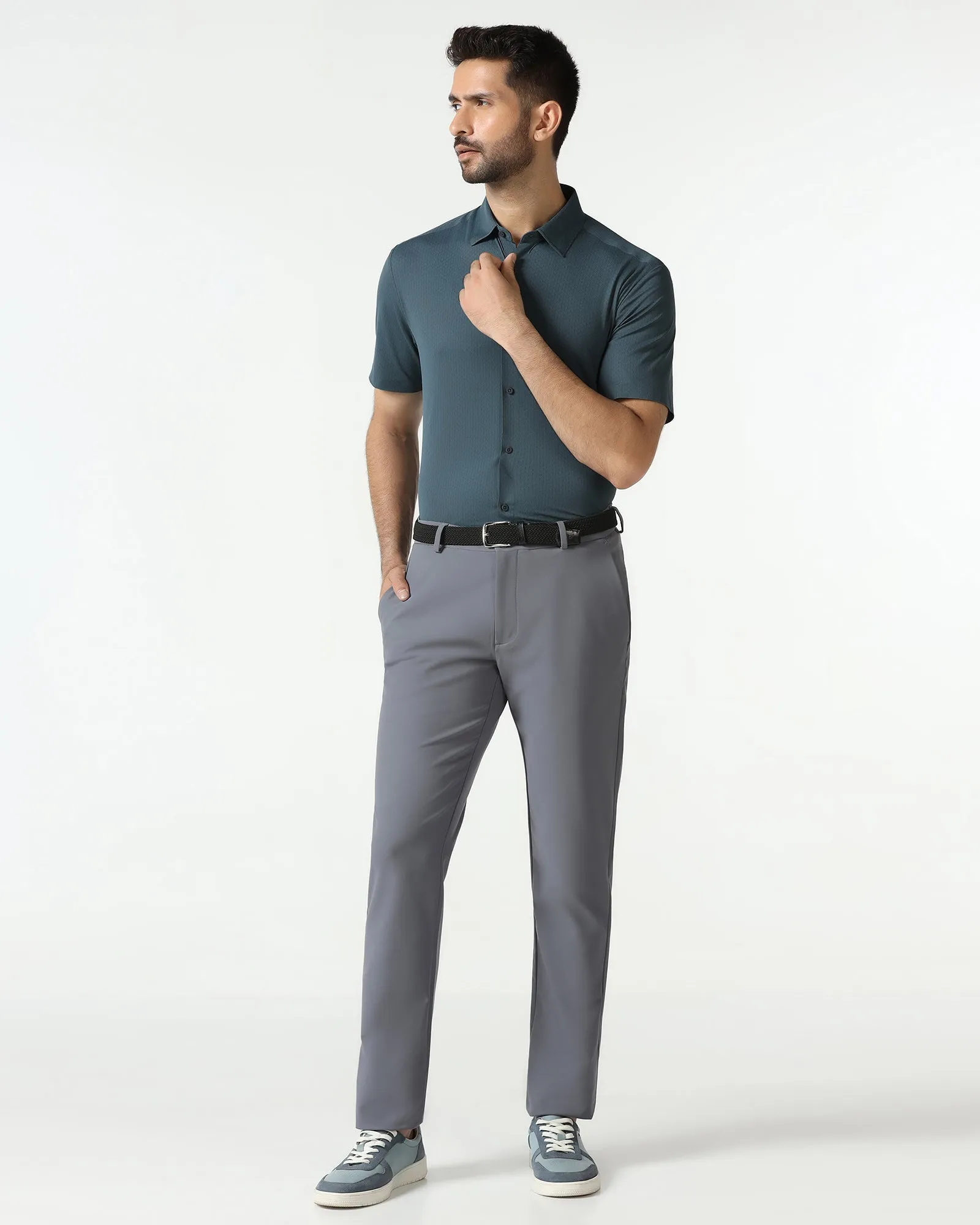 High-Quality Craftsmanship Durable Button Closures Petrol Blue Half Sleeve Techpro Textured Shirt - Hurton