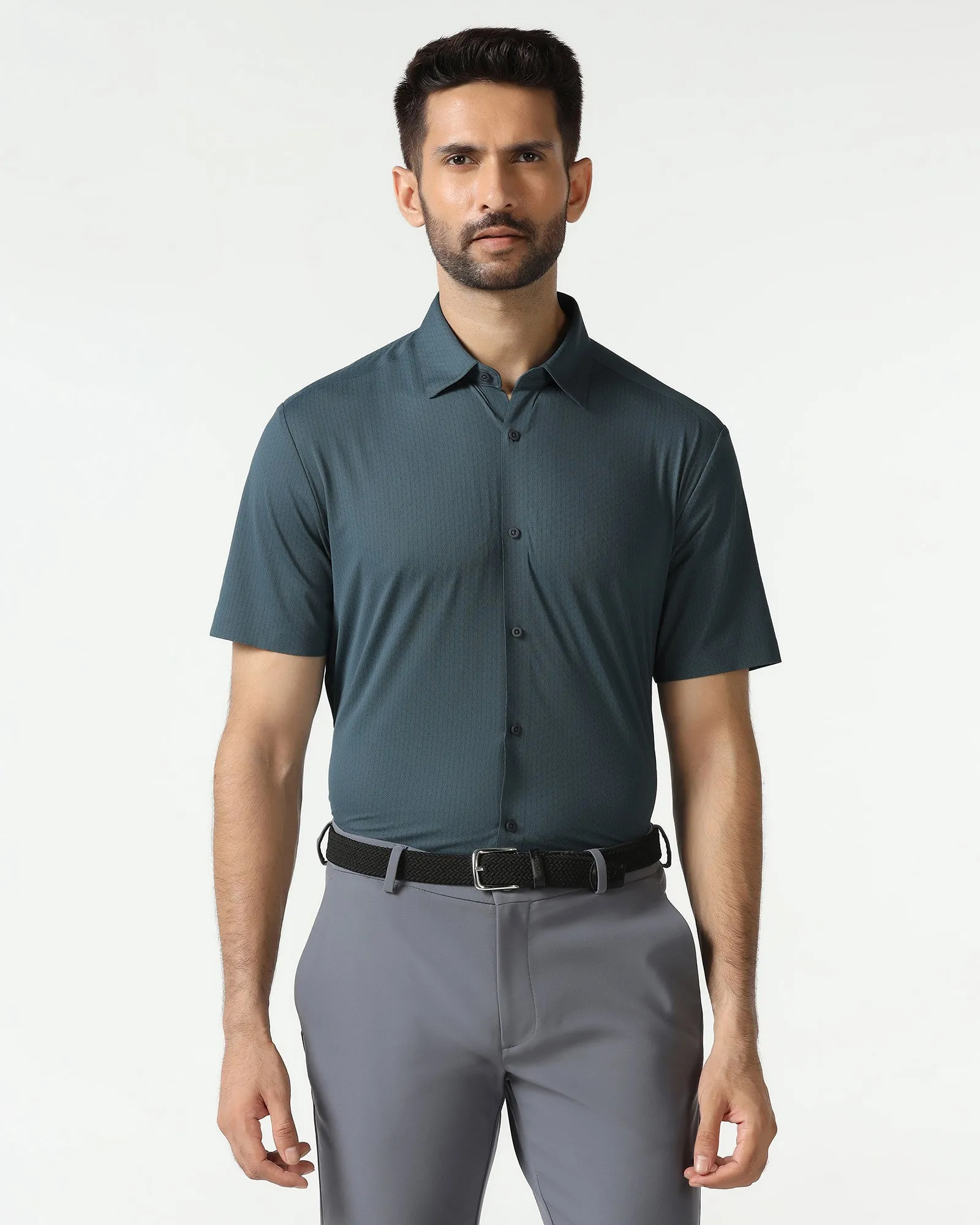 Petrol Blue Half Sleeve Techpro Textured Shirt - Hurton Chic Ensemble
