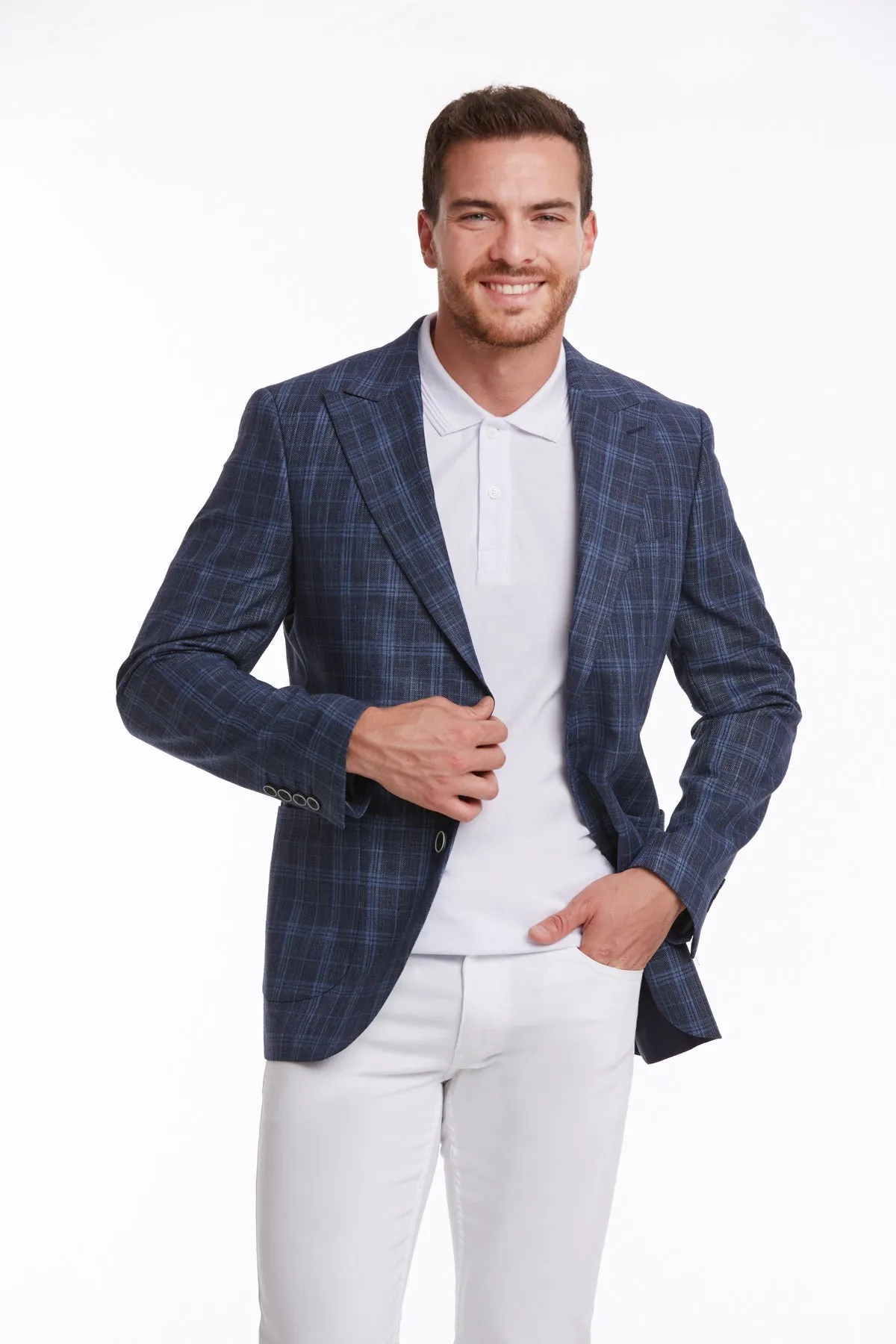 Sleek Outer Slim Fit Navy Peak Lapel Plaid Linen Classic Blazer