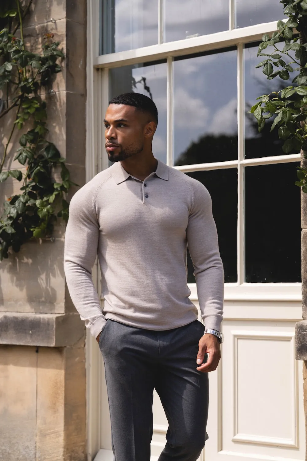 Sweat Absorbing Extra Fine Merino Wool Polo Shirt in Wheat Marl