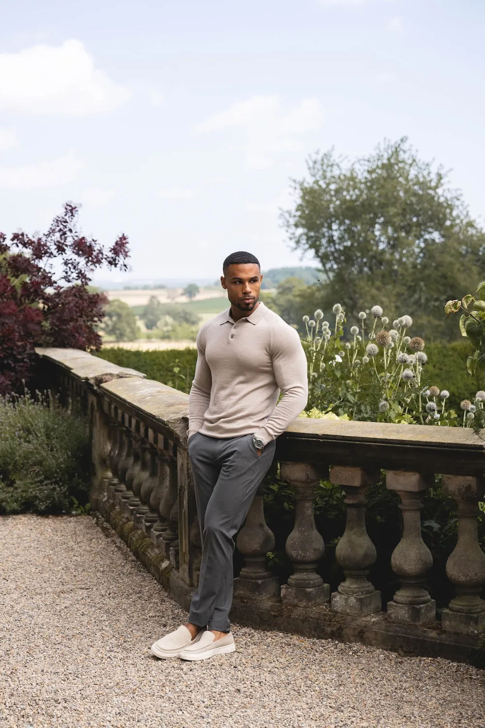 Extra Fine Merino Wool Polo Shirt in Wheat Marl Chic Look