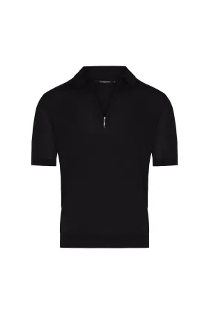 Silk Cotton Blend Knit Zip Polo in Black Easy Style Inner Glow