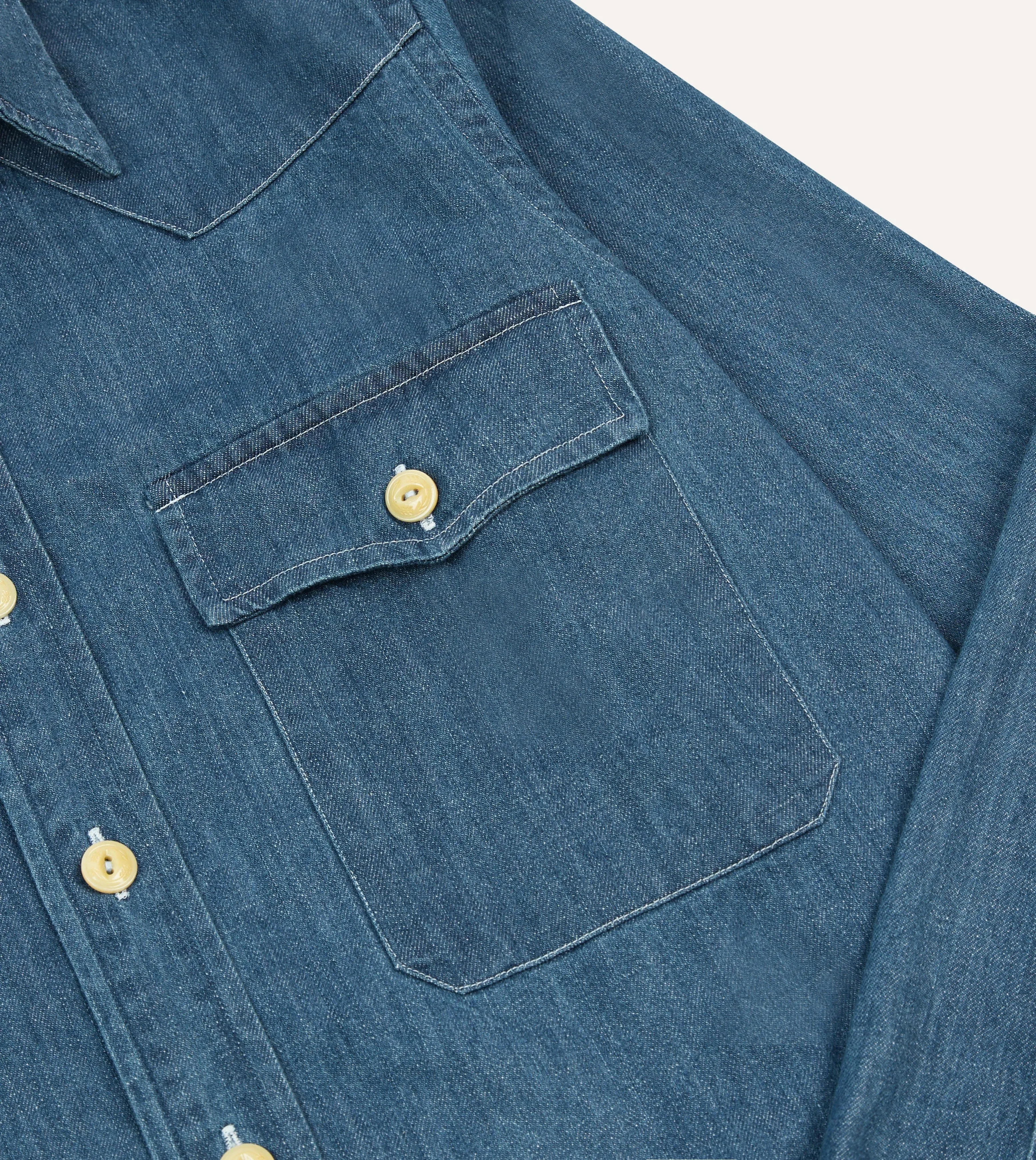Stone Wash Denim Two-Pocket Western Shirt Smooth Texture