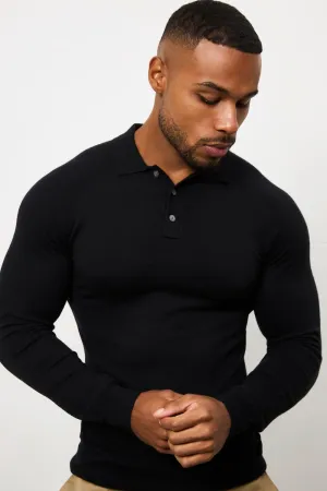 Breathable Underarm Gusset Knitted Polo Shirt in Black