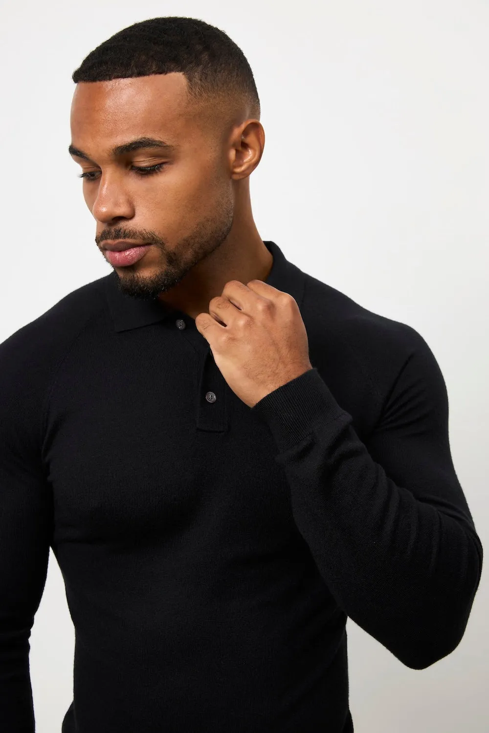 Knitted Polo Shirt in Black Sophisticated Look Dressy Casual