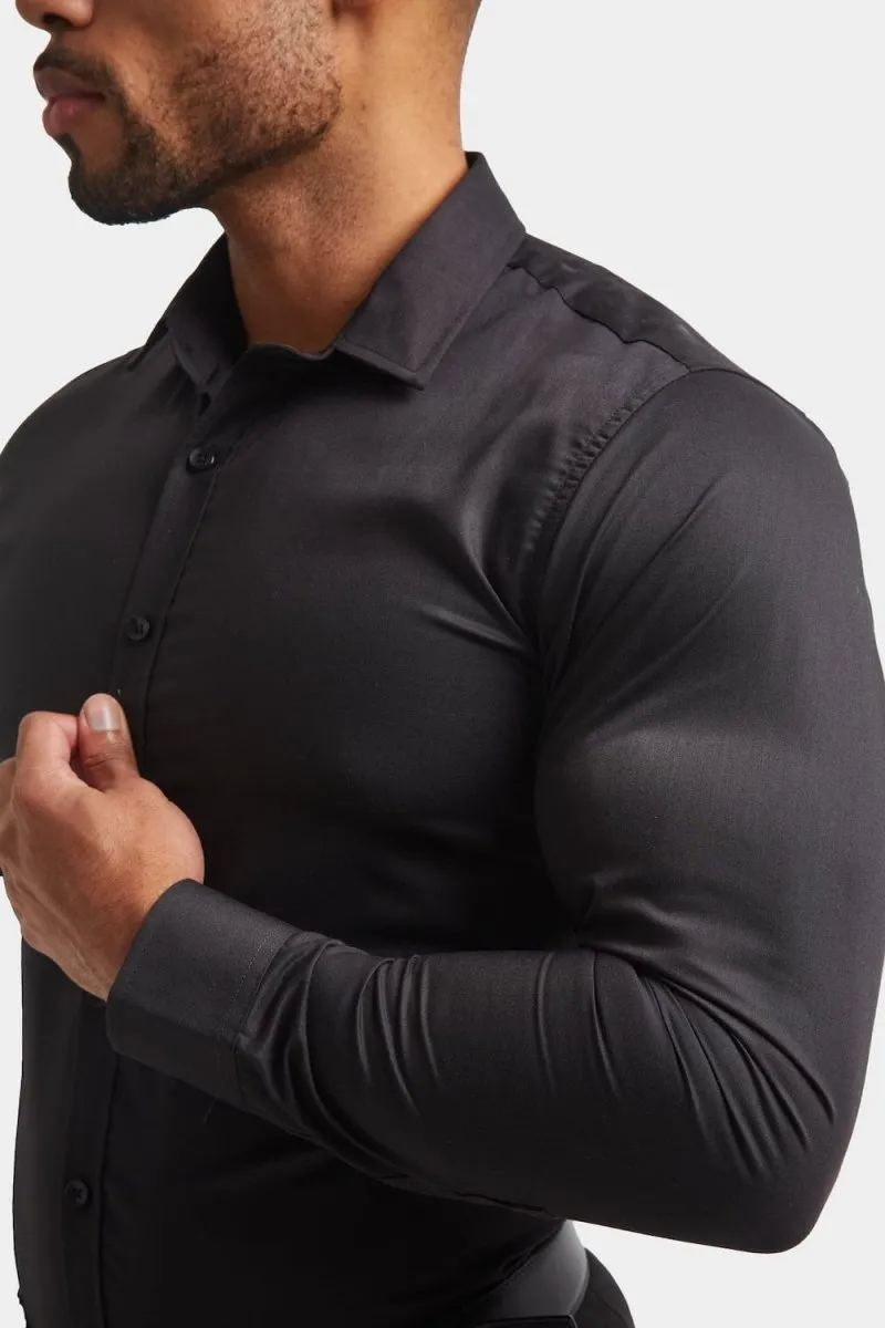Soft Collar Design Athletic Fit Dress Shirt in Black