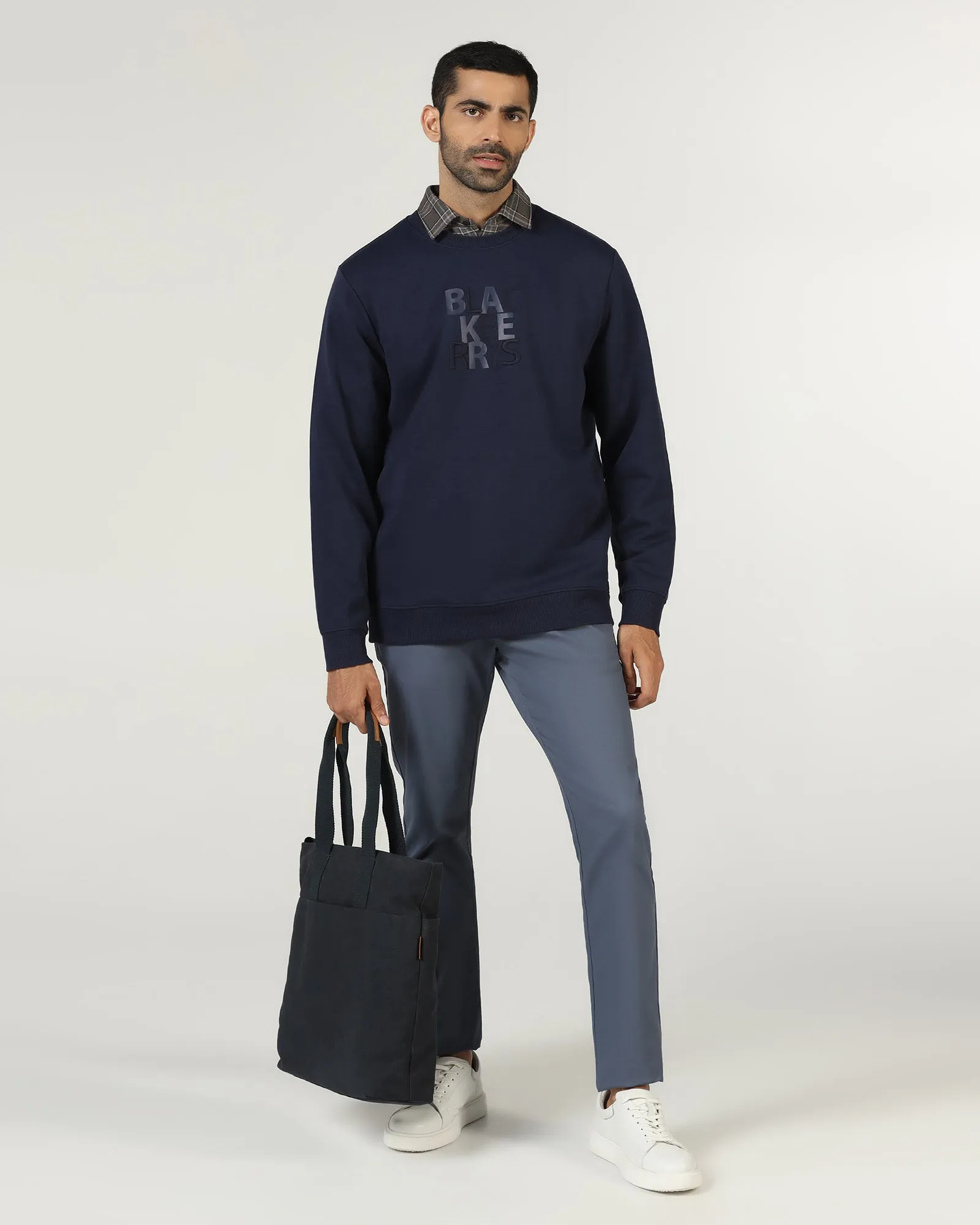 Navy Crew Neck Solid Sweatshirt - Deck Comfortable Outfit