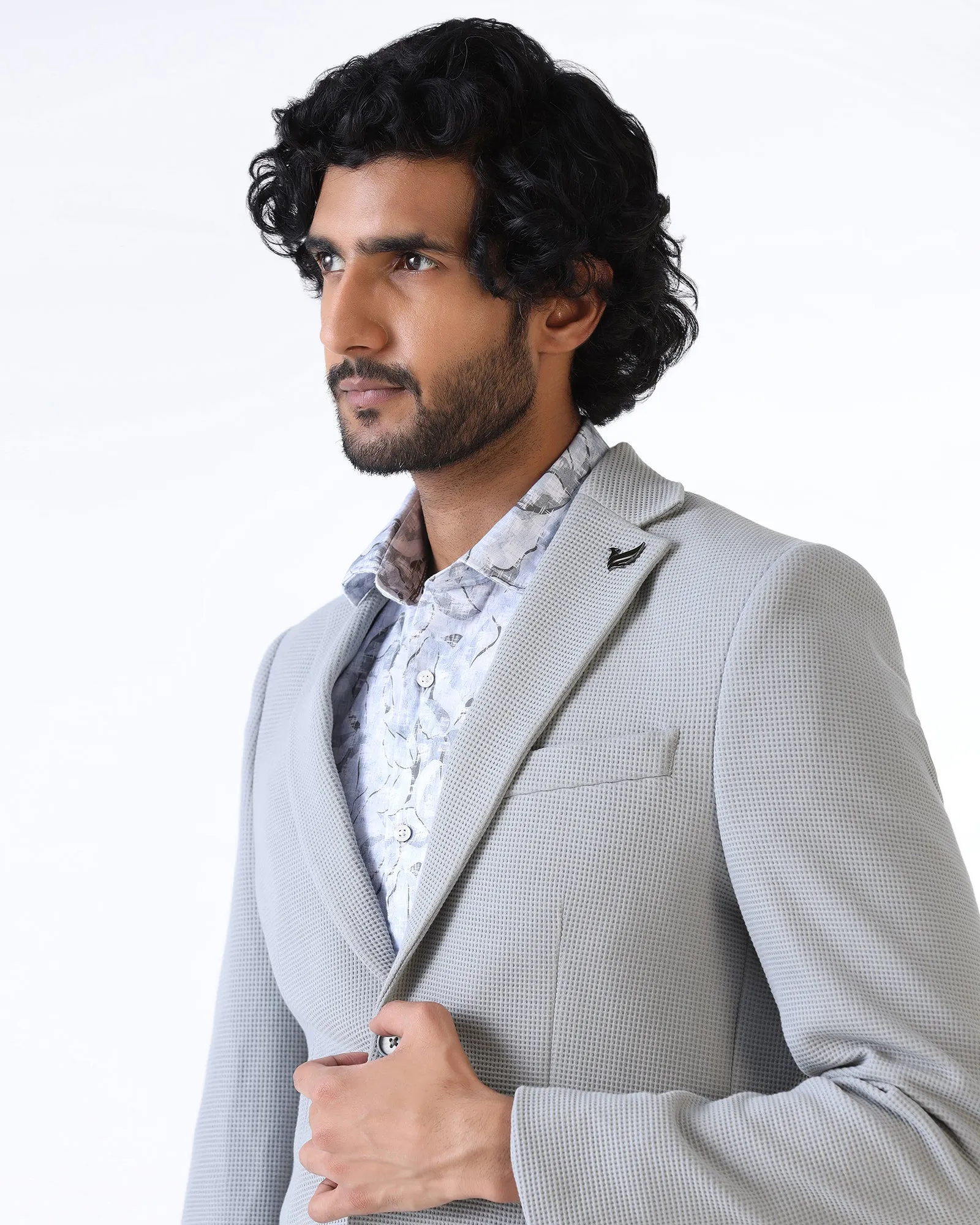 One Color Light Grey Textured Blazer - Belvedere