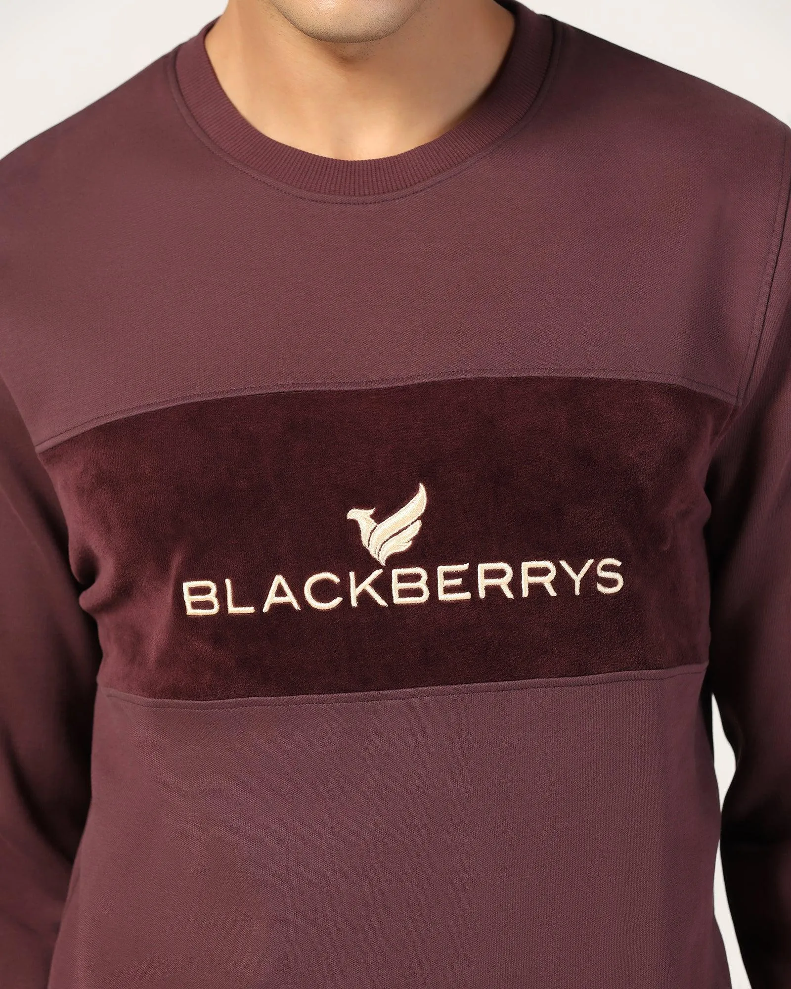 Crew Neck Wine Solid Sweatshirt - Feb Street Light