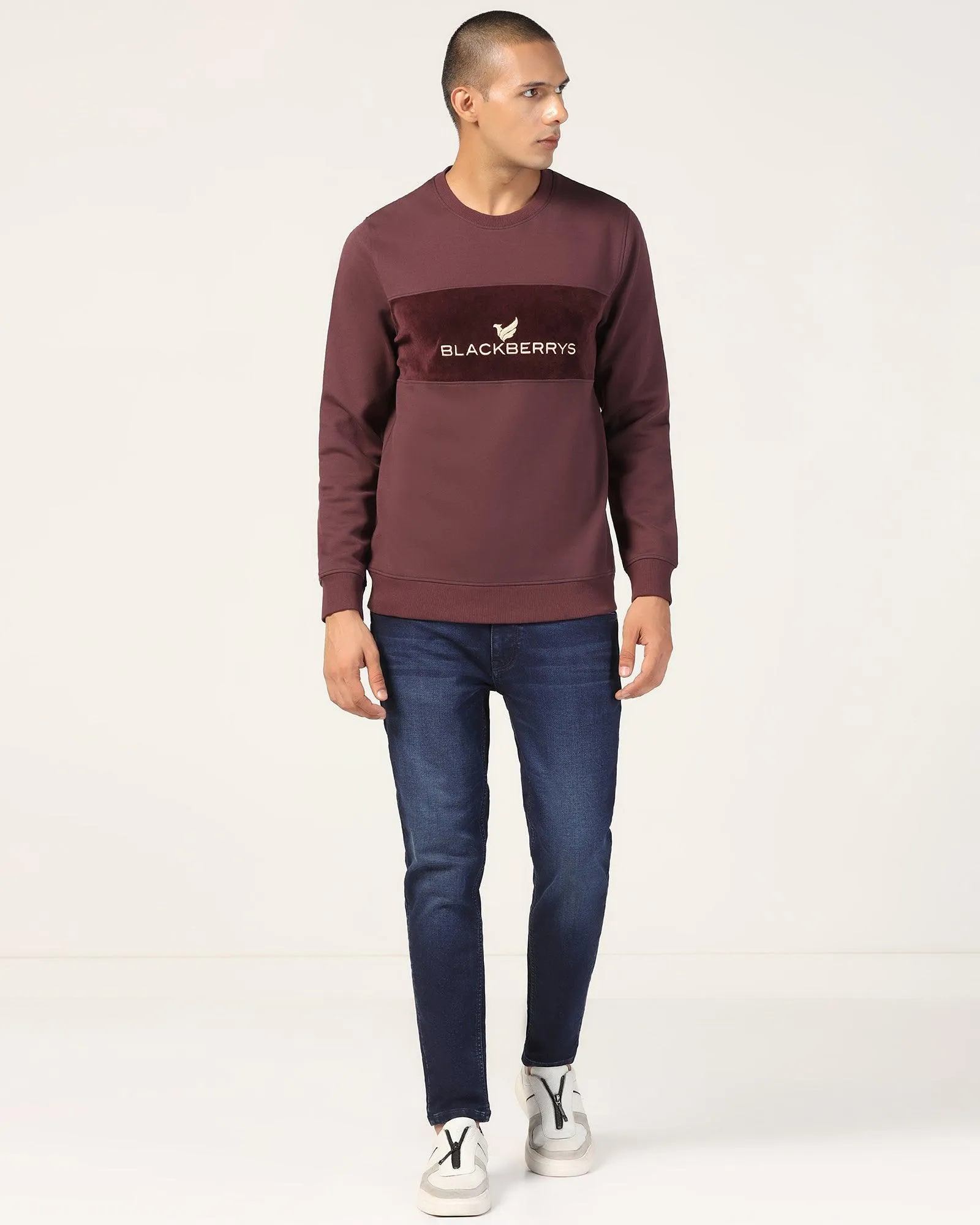 Crew Neck Wine Solid Sweatshirt - Feb Urban Cool TearResistant Material
