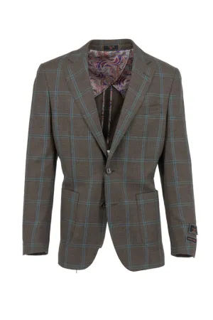 Tiglio Luxe Brown with Green Blue Windowpane Dolcetto/THP Modern Fit half lined, Pure Wool Jacket TL7520 Insulated Design