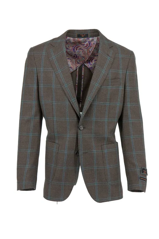 Tiglio Luxe Brown with Green Blue Windowpane Dolcetto/THP Modern Fit half lined, Pure Wool Jacket TL7520 Insulated Design