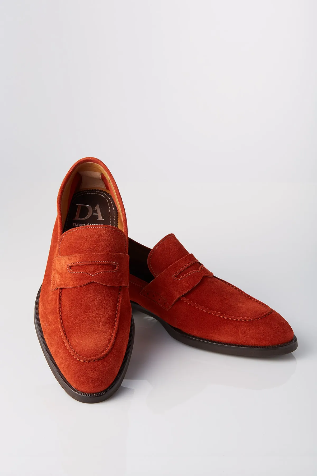 David August Suede Penny Loafer in Burnt Orange Flexible Torsion Bar Thermal Insulation