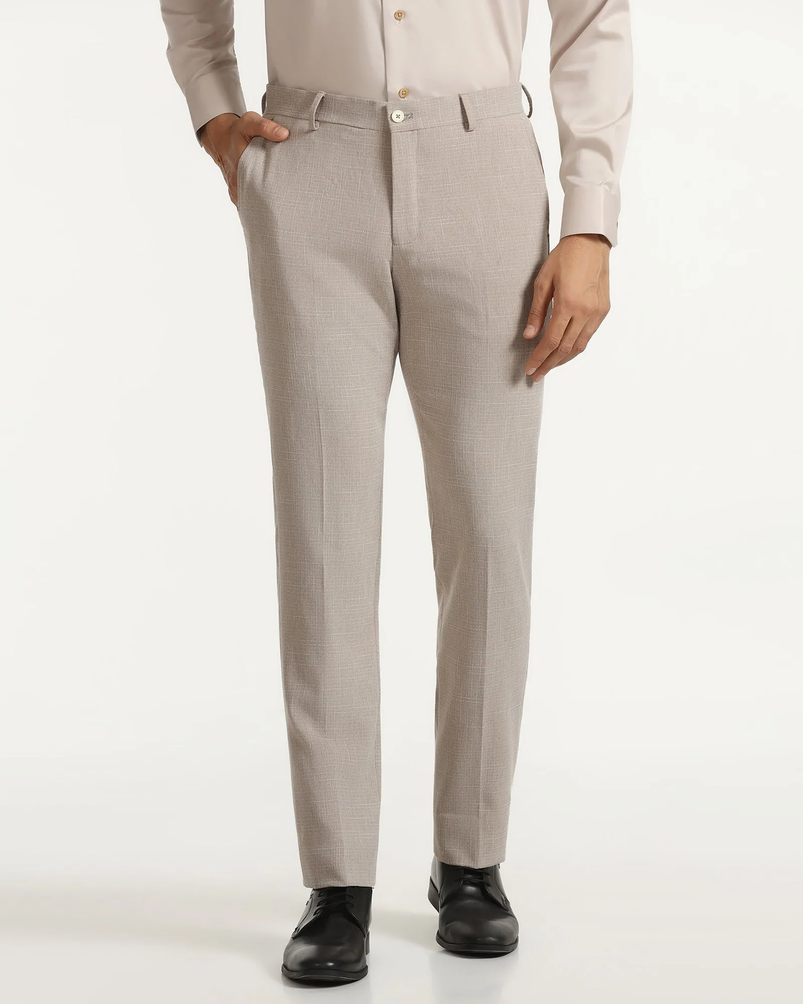 Cropped hem Comfort Fit Slim Fit B-91 Formal Beige Textured Trouser - Tumi