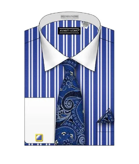 Multi Layer Stitching AVANTI UOMO DOUBLE STRIPED WHITE COLLAR DS3823P2 ROYAL