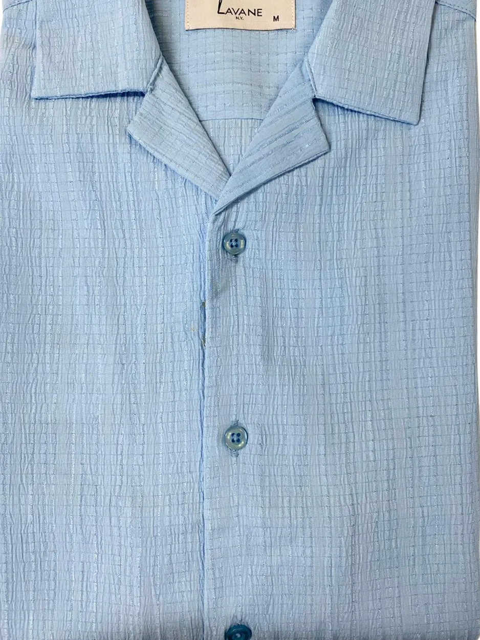 Breathable knit Lavane Mens Sky Blue Textured Short Sleeve Cuban Collar Button-Up Casual Shirt