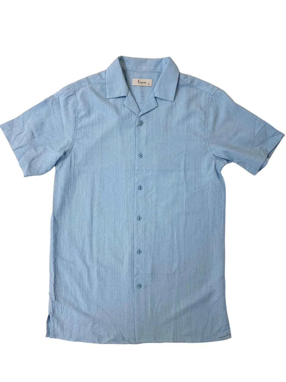 Lavane Mens Sky Blue Textured Short Sleeve Cuban Collar Button-Up Casual Shirt Club Attire Stylish Comfort