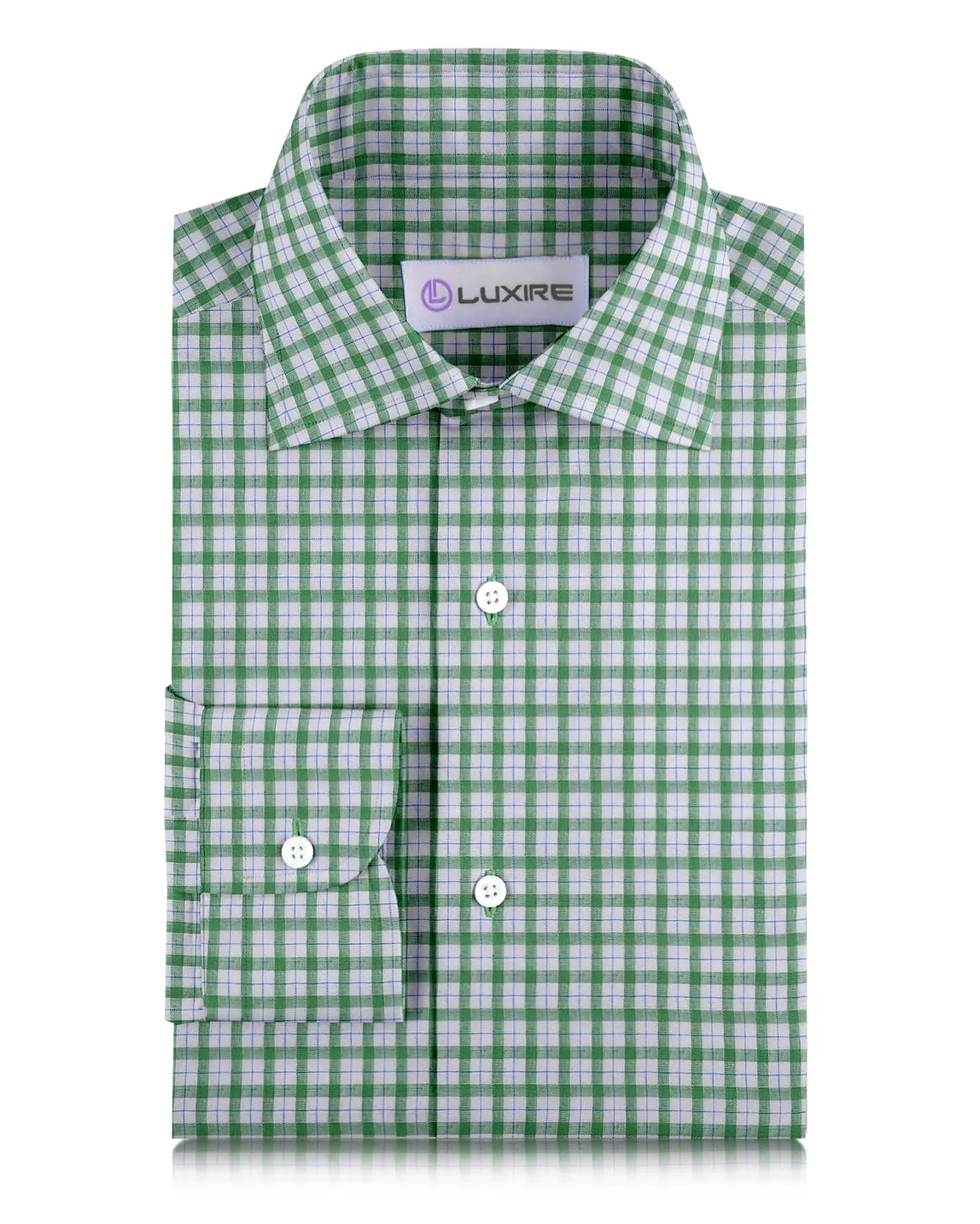 Linen: Green Blue Checks On White Flatlock stitching