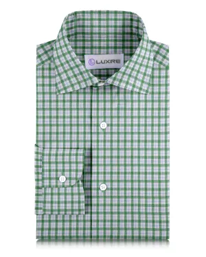 Linen: Green Blue Checks On White Flatlock stitching