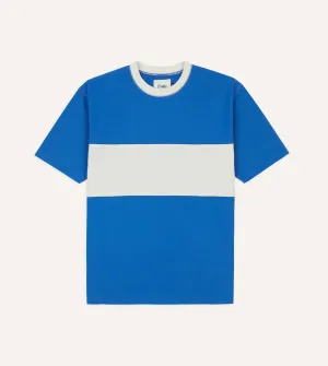 Summer Essential Cozy Vibes Blue and Ecru Panel Stripe Cotton Crew Neck Hiking T-Shirt