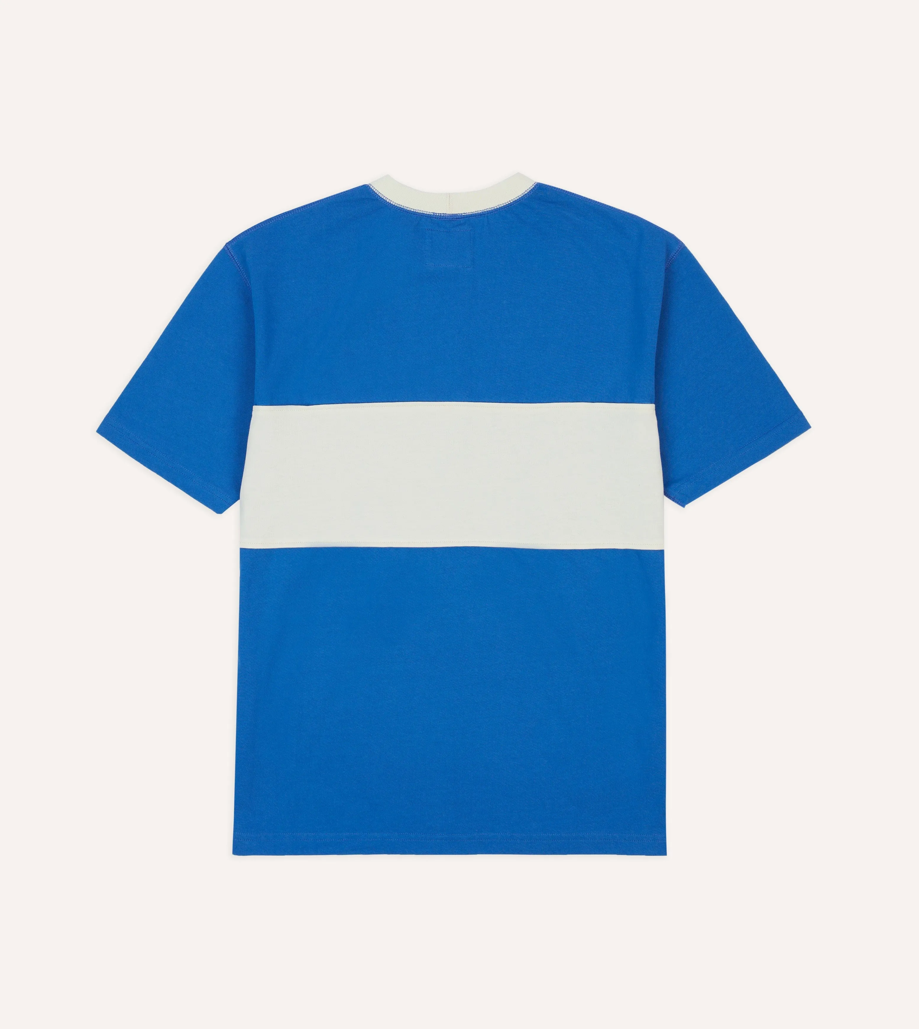 Minimalist Style Blue and Ecru Panel Stripe Cotton Crew Neck Hiking T-Shirt