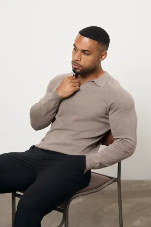 FadeResistant Dye Pure Cotton Knitted Open Collar Polo Shirt in Brown Marl