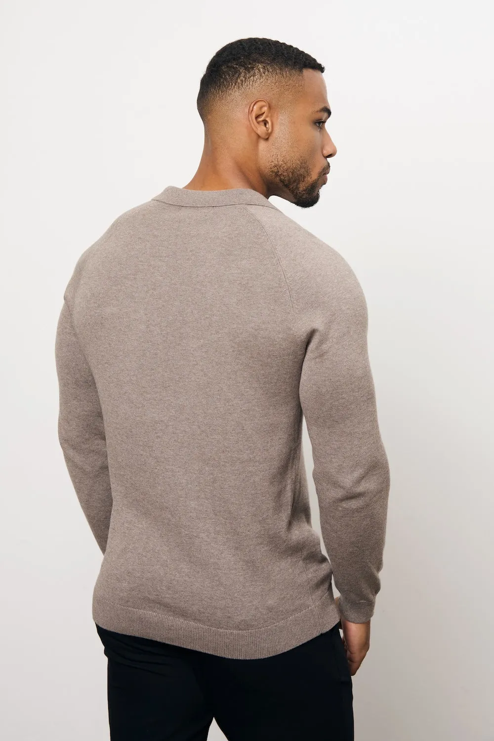 Pure Cotton Knitted Open Collar Polo Shirt in Brown Marl Chic Layer