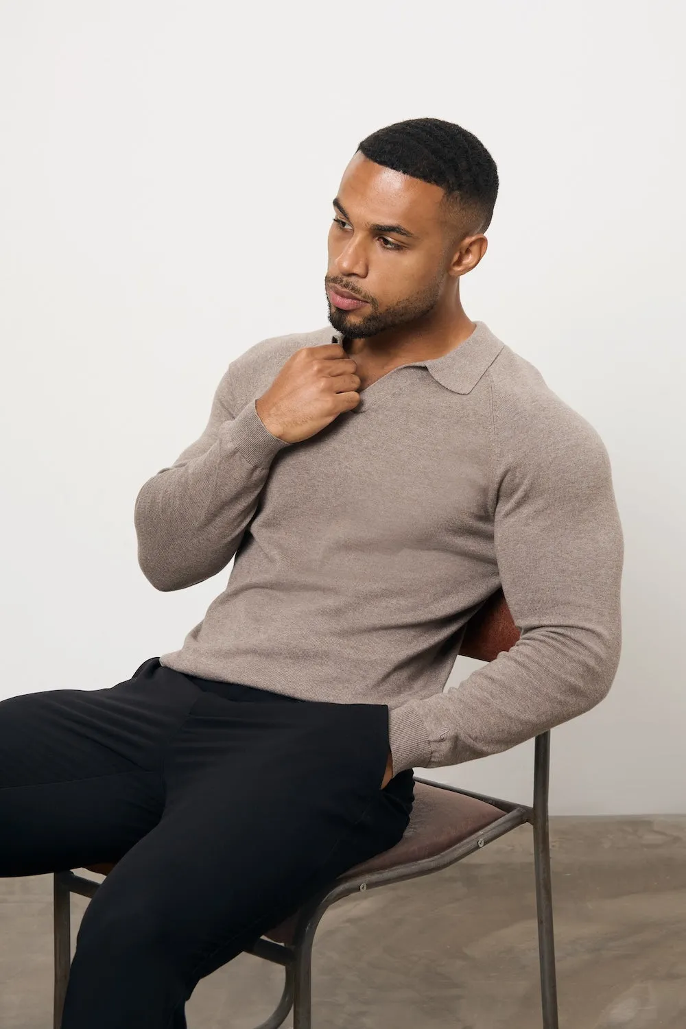 FadeResistant Dye Pure Cotton Knitted Open Collar Polo Shirt in Brown Marl