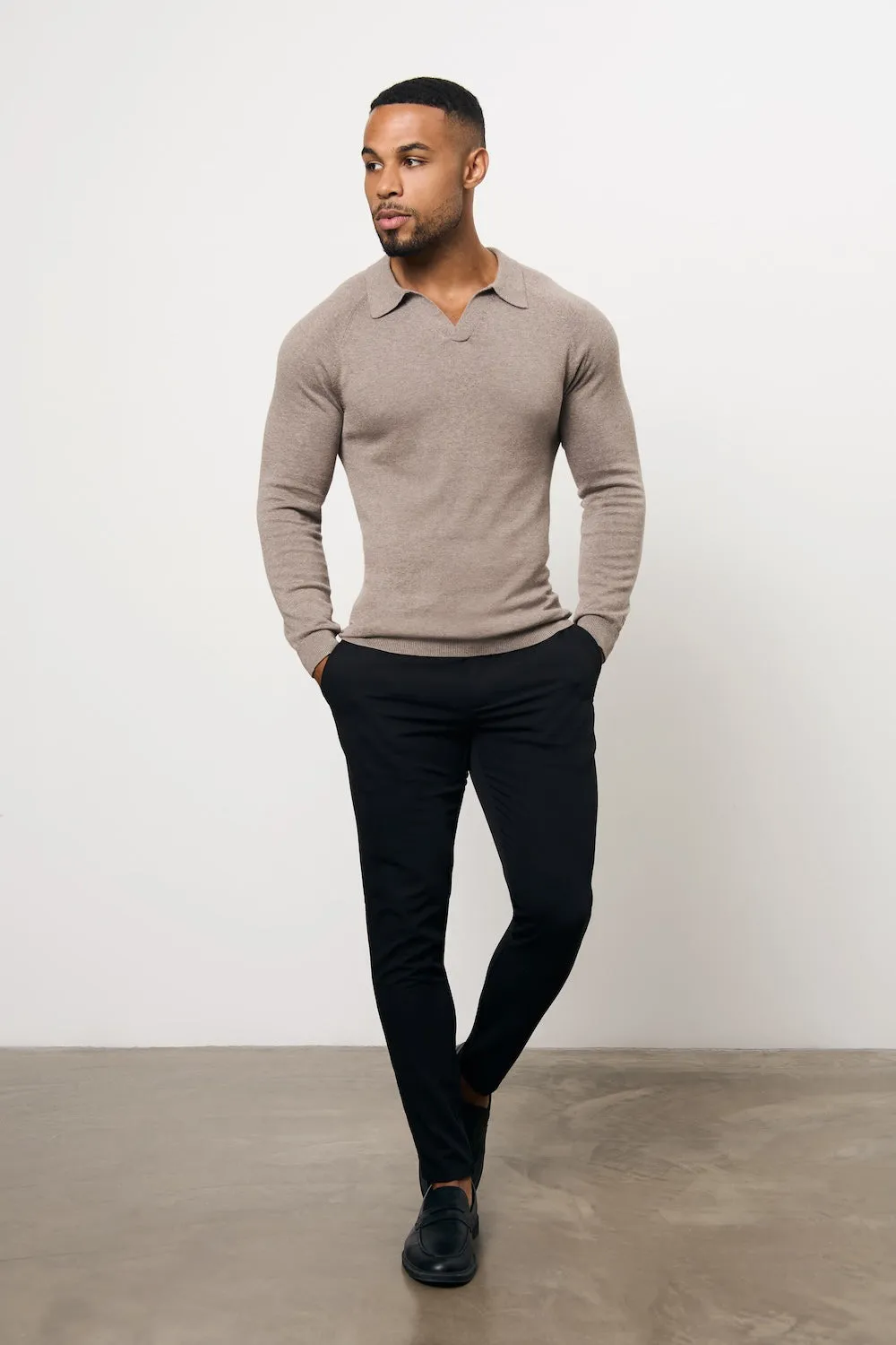 Relaxed Look Essential Wear Pure Cotton Knitted Open Collar Polo Shirt in Brown Marl