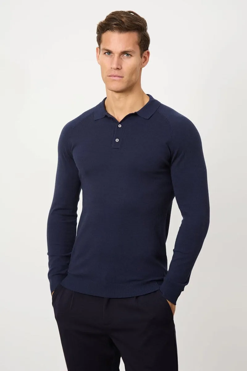 Holiday Outfit Knitted Polo Shirt in Denim