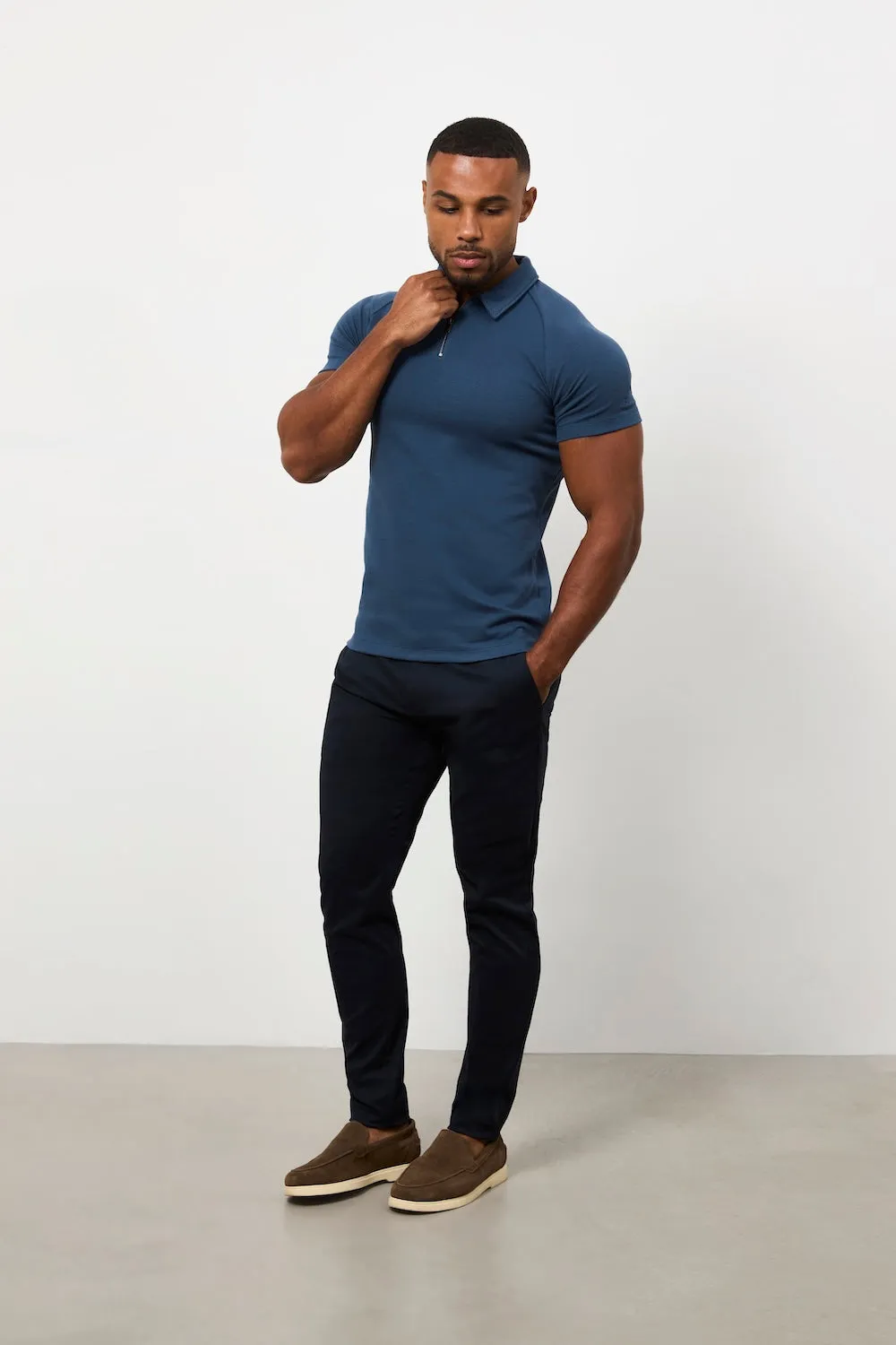 Polished Comfort Performance Fabric Zip Neck Polo Shirt in Teal